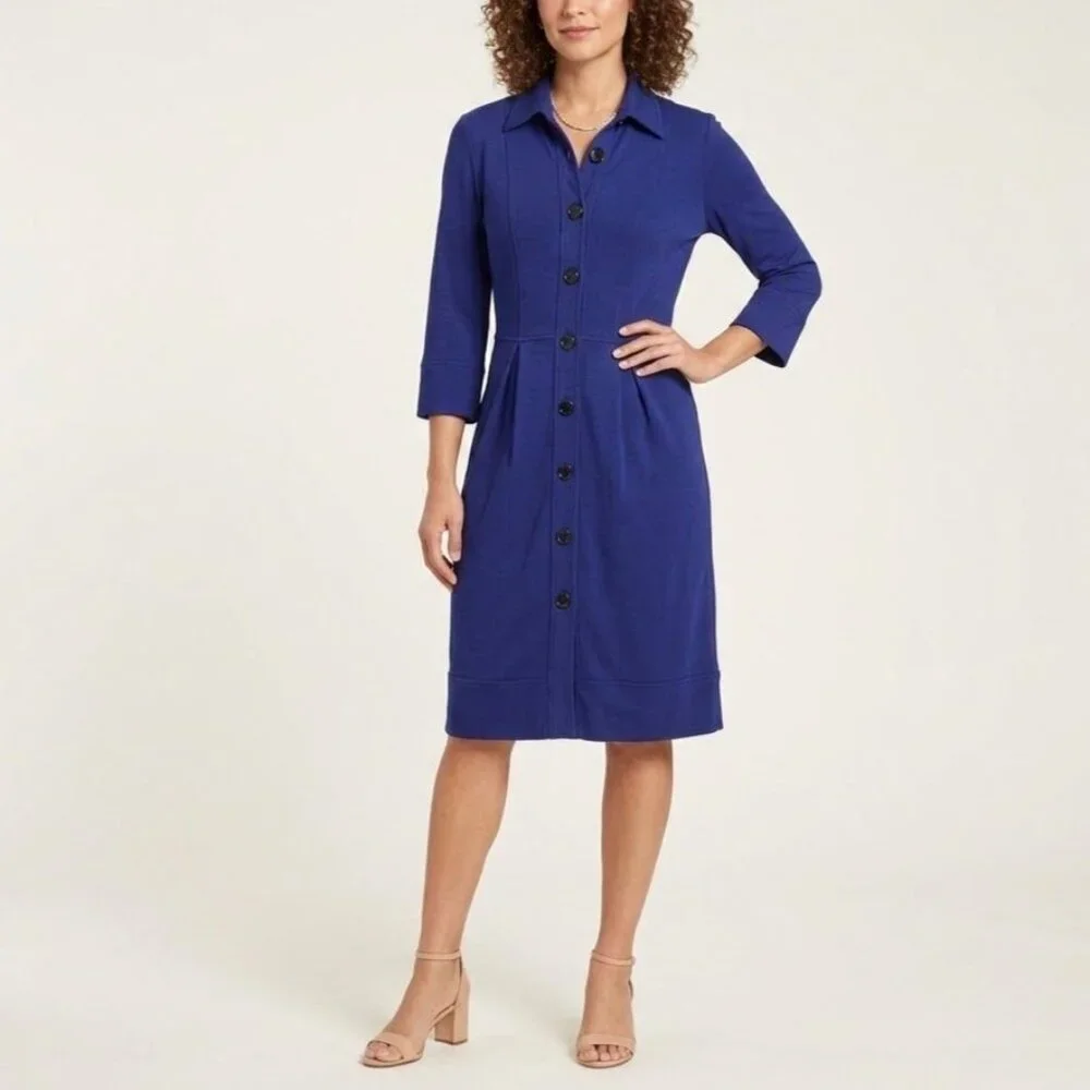 Talbots Size 4 Blue 3/4 Sleeve Collared Button Front Knee Length Shirt Dress - Picture 1 of 7